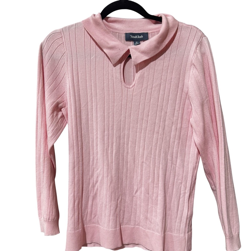 ModCloth Sweater Womens Medium Pink Collared Keyhole‎ Pullover Ribbed Knit Top